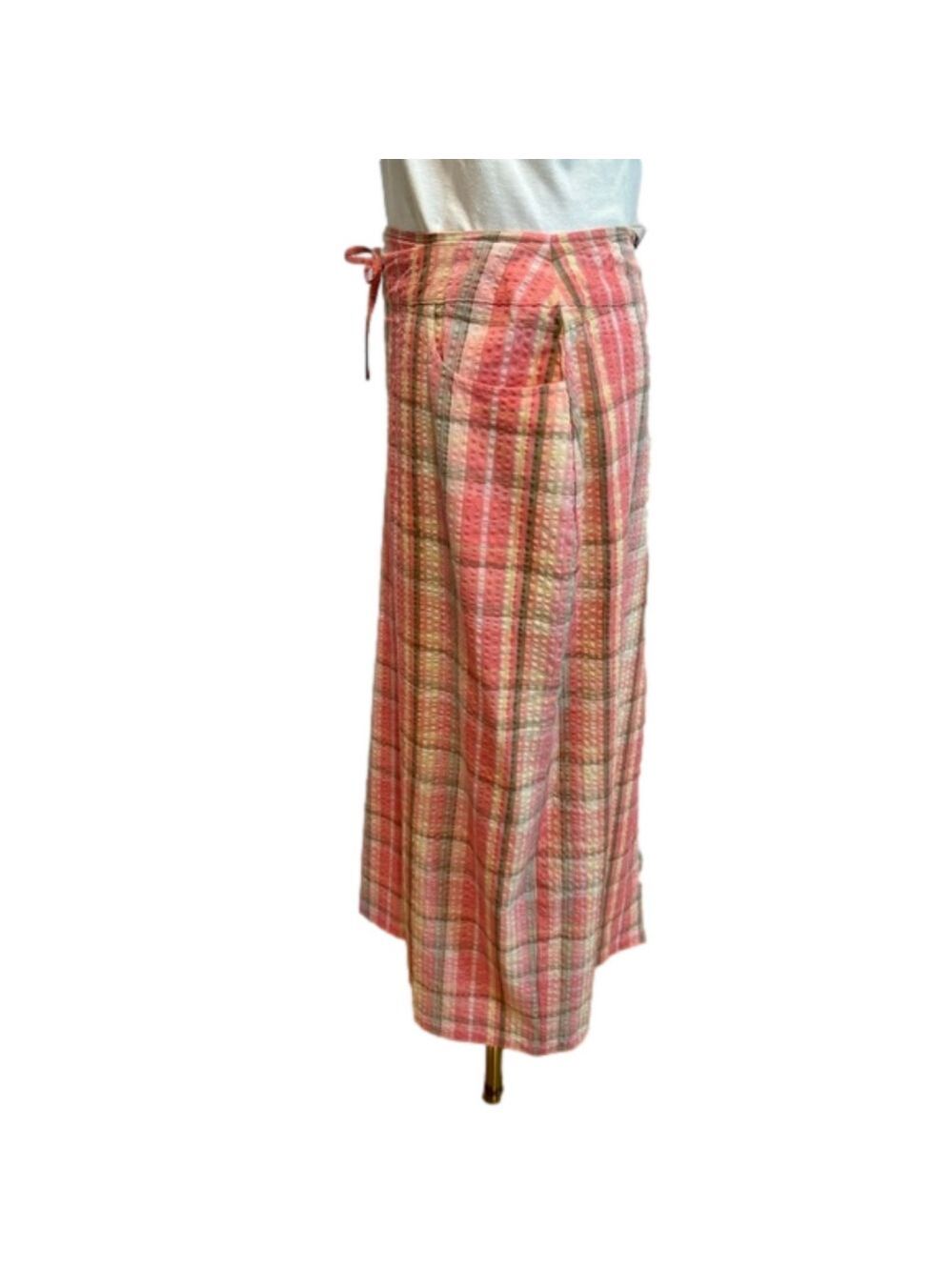 J PETERMAN 90s PINK & OLIVE GREEN PLAID SEERSUCKER PENCIL MIDI SKIRT SZ 12 - Picture 3 of 9